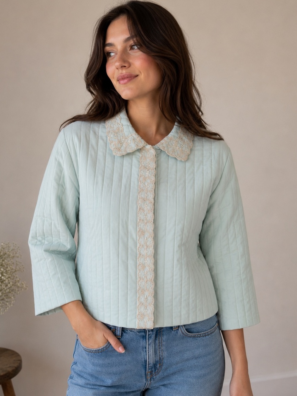 VTG Mint Green Quilted Jacket with Cream Lace Trim